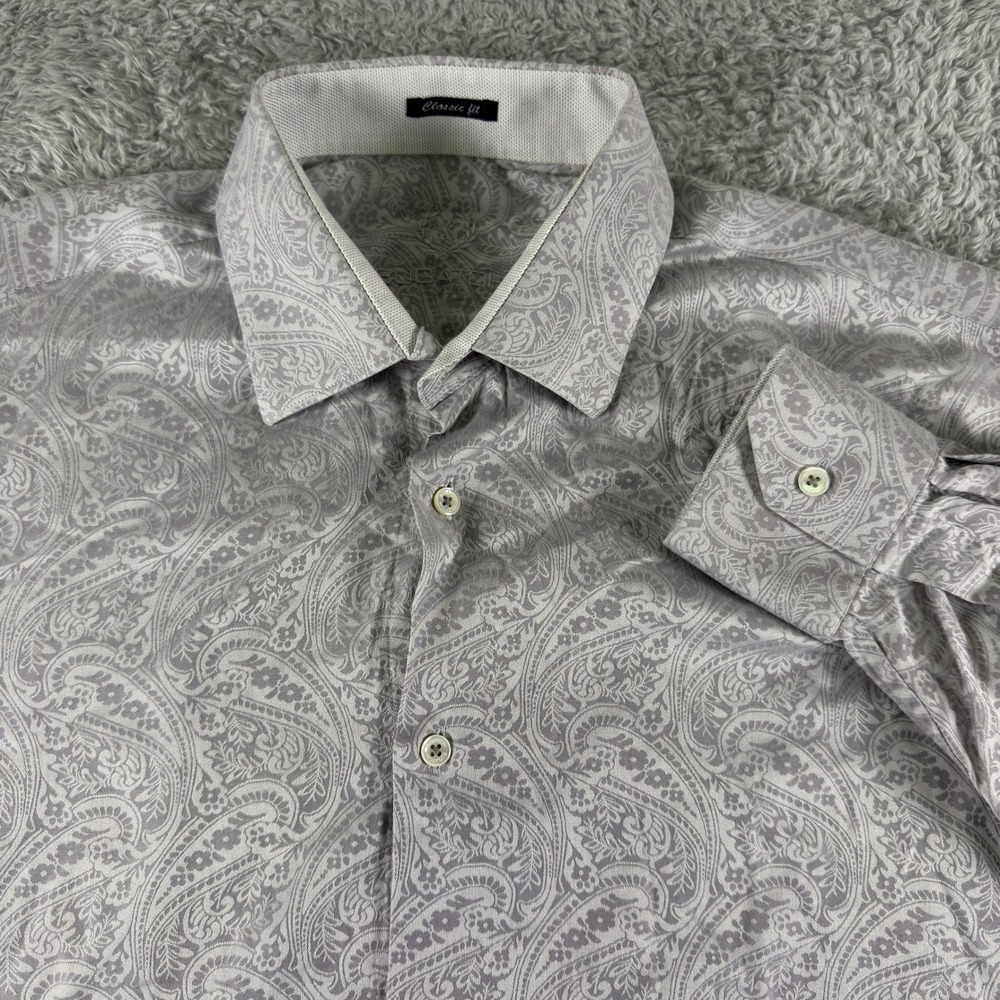 Bugatchi Uomo Mens Classic Fit Grey Paisley Jacquard Cotton Button Down Shirt XL